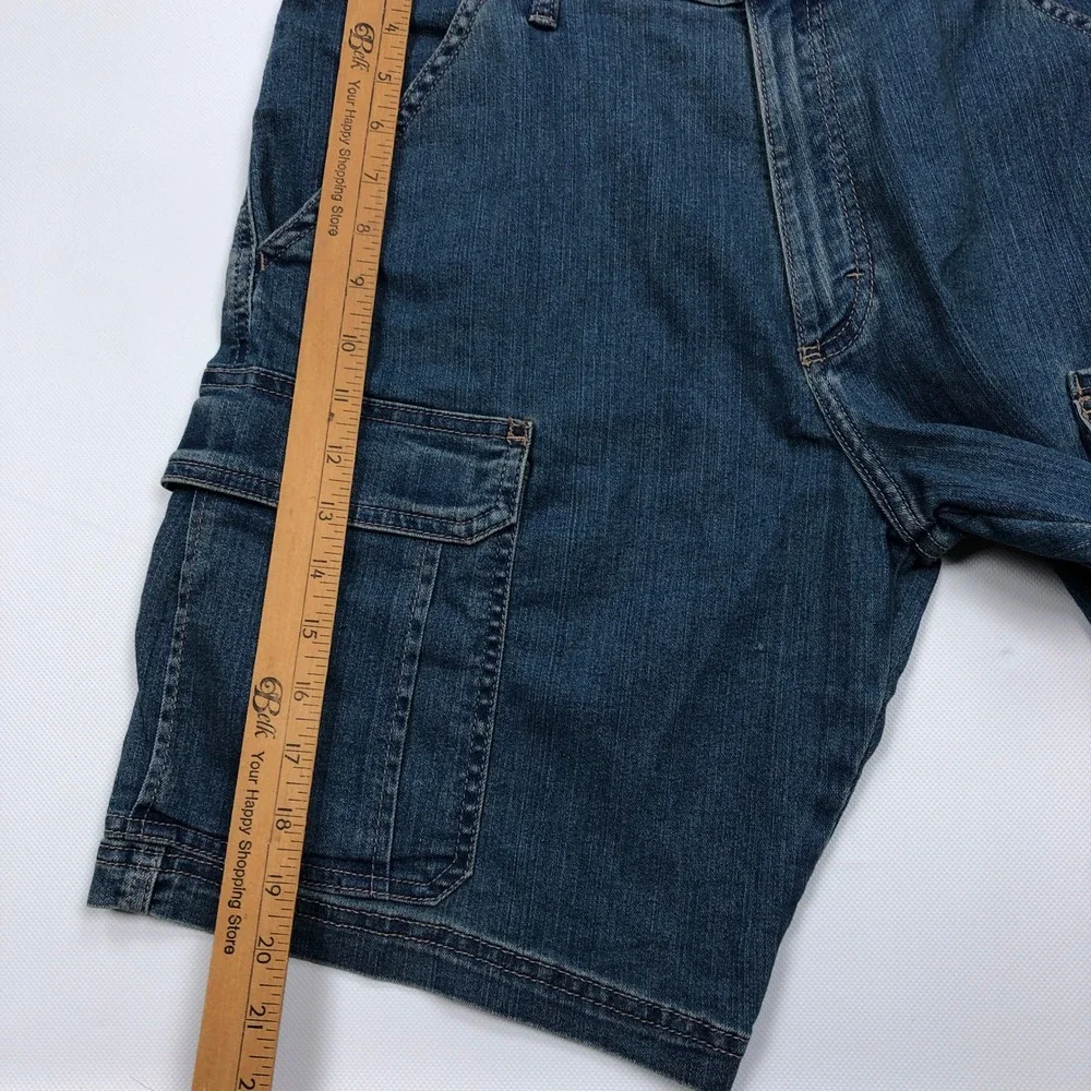 Wrangler Mens Denim Cargo Shorts Blue Size 32 Stretch Jean Jorts